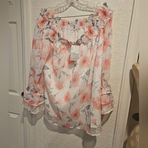 Etosell Floral Off-Shoulder Blouse - Pink and White 2xl